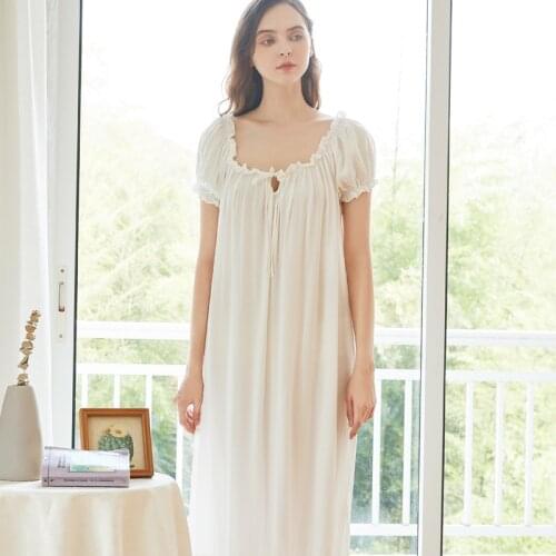 Womens Long Nightgown Cotton Short Sleeve Sleeping Summer Nightdress Vintage Elegant Home Clothing Dress For Sleeping Nightgowns