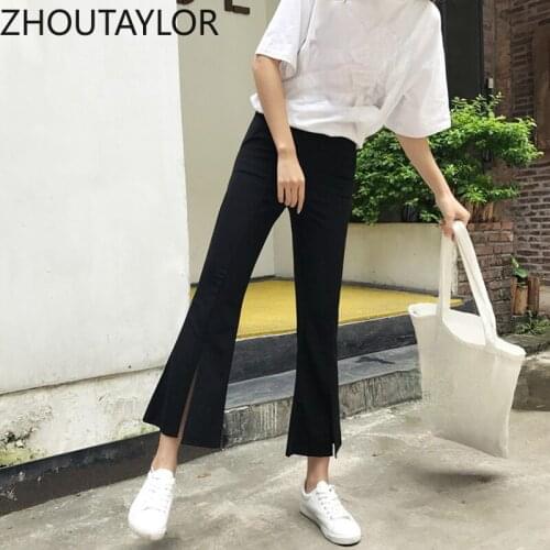 ZHOUTAYLOR Woman Pants Fashion High Waisted Flare Trousers Femme Korean Elastic Waist Solid Ankle-Length Bottoms Female S0287