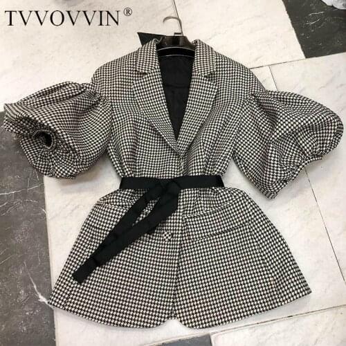 TVVOVVIN Blazer Single Breasted Puff Sleeve Plaid Ladies Blazer Coat Retro Lace Up Womens Slim Suit Jacket Autumn 2020 B318
