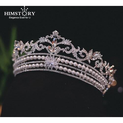 HIMSTORY Vintage Baroque Pearl Hair Accessories Queen Princess Tiara Crowns Wedding Bridal Diadem Women Elegent Headpiece