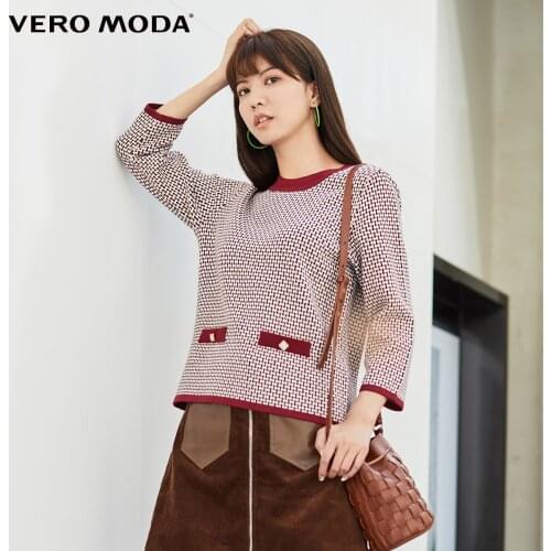 Vero Moda Women Vintage Houndstooth Crew Neck 3/4 Sleeve Sweater Knit Top | 320324035