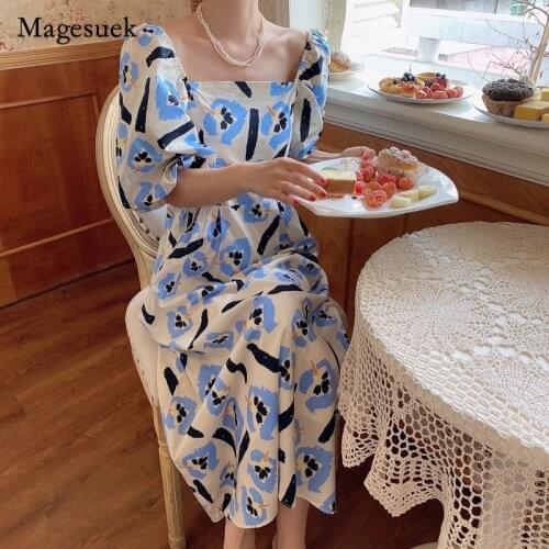 Cotton Printed Square Neck Puff Sleeve Dress Chic Summer Women Long Dress French Office Lady Dress for Women Vestido 14530