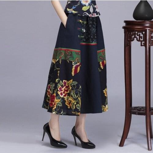 New ethnic style cotton and linen elastic waist swing dress Slim casual stitching fashion women A word Printing big swing dress