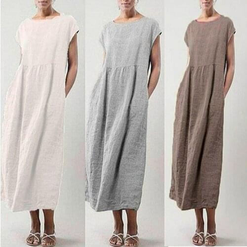 Women Dress Solid Color Cotton Linen Sleevleess Long Casual Sundress -MX8