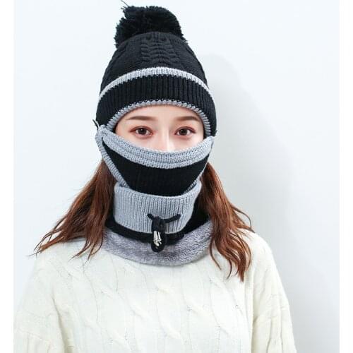 Winter Womens Knitted Wool Warm Hat Caps Neck Collar Three PCS Set Motor Driver Windproof Beanies Hat Scarf Mask Set For Women