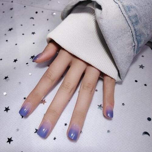24pcs Girls Summer Holiday Gradient Blue Fake Nail Sweet Short Square Nail Art Tips with Glue Women Smooth Fake Nail press on