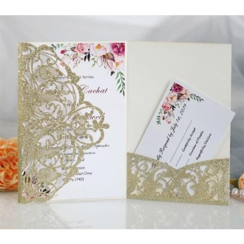 Glitter pocket invitation flower laser wedding marriage cards invitations tri-folding personalized printing 50 sets