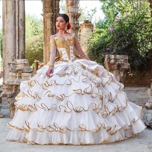 Charro Mexican Quinceanera Prom Dresses 2021 Off Shoulder long sleeve gold ruffles edge sweety 15 Misquinceanos Party Gowns