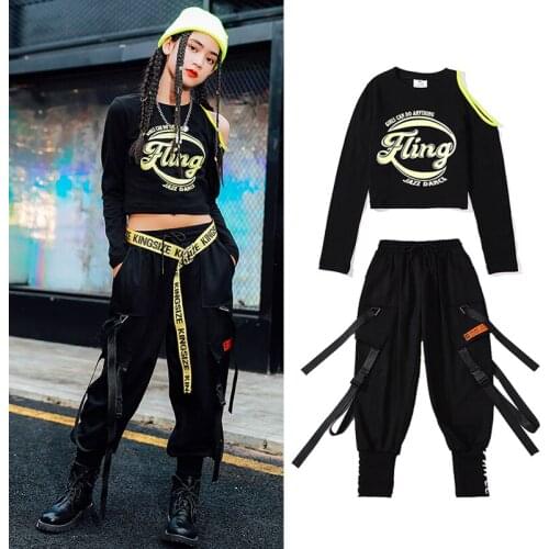 Children Jazz Dance Clothes For Girls Hip Hop Costume Black Tops Pants Street Dance Overalls Modern Rave Stage Costume DNV14470