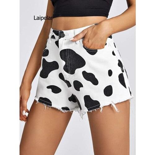 Womens Denim Shorts 2021 New High-Waist Shorts Women Casual Print Loose Ladies Fashion Brown Jeans Short