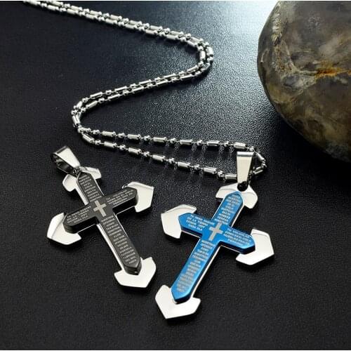 Blue Scripture Crucifix Necklace Religious Women Men Cross Pendant Jewelry New Items 2019 Gift