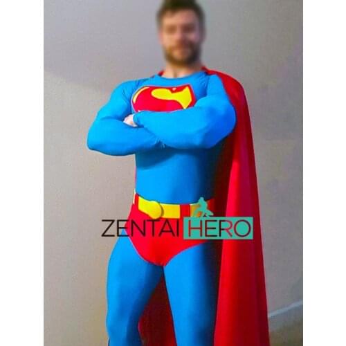 Custom Made Blue And Red Spandex Super Hero Man Cosplay Costume with Cape Comic Superhero Male Lycra Zentai Bodysuit