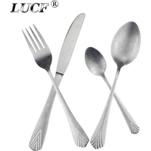 LUCF Classical matte vintage style Stainless Steel Cutlery Archaistic royal Western Dinner Utensils Flatware For Home Restaurant