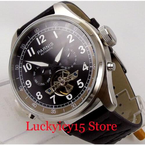 PARNIS Hollow Dial Round Big Mechanical Men Wrsitwatch Date Week Leather Band ST Movement