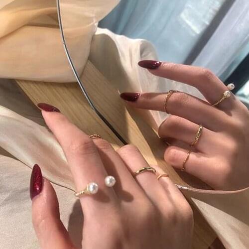 Normcore 14k Gold Plated Natural Freshwater Pearl Adjustable Knuckle Ring Womens Korean Delicate Gold Ring Set