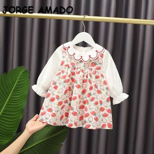 2021 New Korean Style Spring Kids Girls Dress Cartoon Strawberry Print Cute Style Princess Dress Children Fashion Clothes E1120
