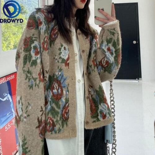 2021 New Knitted Sweater Cardigan Womens Japanese Retro Literary Wild Rose Jacquard Jacket Single-breasted Thick Sweater Coat