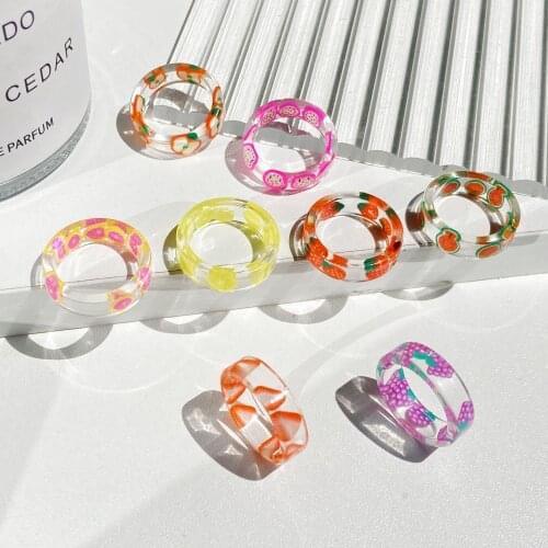 New Korean Fashion Fresh Fruits Transparent Resin Acrylic Ring For Women Girls New Design Strawberry Lemon Finger Jewelry Gifts
