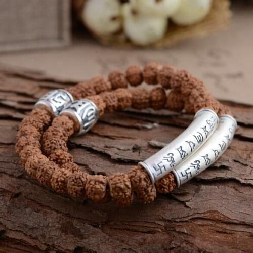 NEW 990 Silver Tibetan Six Proverb Beads Bracelet Buddhist Rudraksha Wrist Mala Tibetan Mala Bracelet