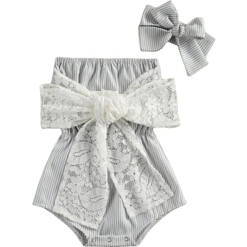 New 2Pcs Baby Summer Outfits Stripes Strapless Rompers with Bowknot + Hairband Suit for Toddler Girls 0-24 Months