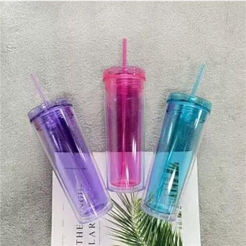 Wholesale 16oz Acrylic Skinny Tumbler Iced Cup Double Wall With Lid And Straw Plastic Clear Water Bottle Reusable For Party Gift