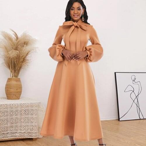 Maxi Long Dress for Women Fall A-Line Long Lantern Sleeves Bowtie Collar Midi Party Elegant Fashion New Female Solid Color Robes
