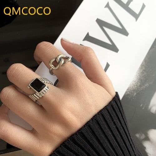 QMCOCO Trend Retro 925 Sterling Silver Black Square Rings Cross Chain Women Jewelry Creative Woman Party Accessories Gifts