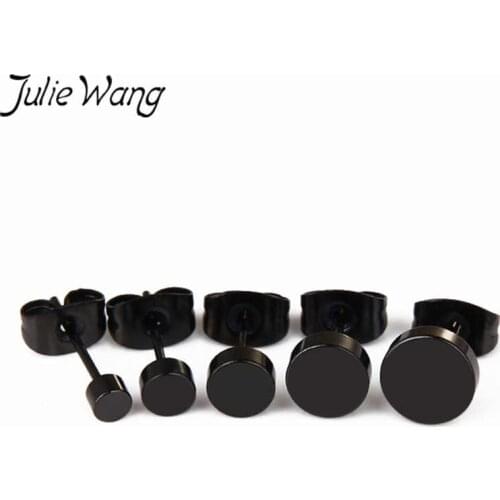Julie Wang 1 Pair 3-10mm Black Round Simple Stud Earrings Stainless Steel Dumbbell Women Men Earrings Fashion Punk Jewelry