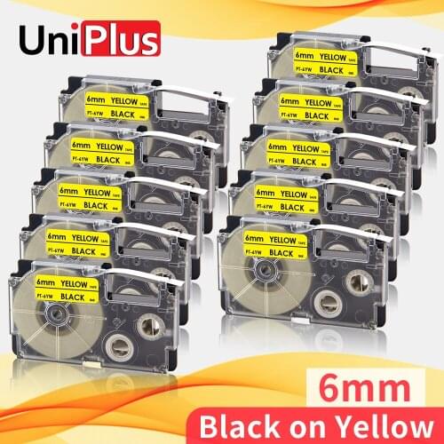 UniPlus 6mm Black on Yellow Label Tape Replacement Casio XR-6YW xr6yw Label Cassette for Casio Label Maker KL 7200 300 Printer