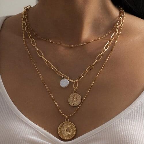 Bohemian Multilayer Bead Chain Choker Necklace for Women Gold Color Vintage Carved Pearl Coin Portrait Pendant Necklaces Jewelry