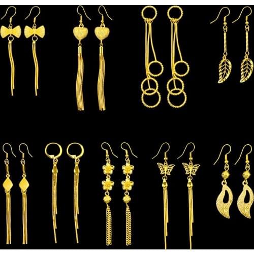Vintage Long Tassel Dangle Earrings for Women Sand Gold Bridal Wedding Jewelry Elegant Bow Leaf Heart-shape Hoop Earring Set New