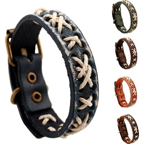 Vintage Leather Colorful Cuff Bracelet Copper Buckle Adjustable Size Casual Bangles Hemp Rope Woven Handmade Bracelets Wristlet