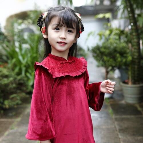 Winter Girls Chinese National Style Cheongsam Red Dresses Lace Traditional Tang Dynasty Girl Hanfu Plus Cashmere Warm Clothes