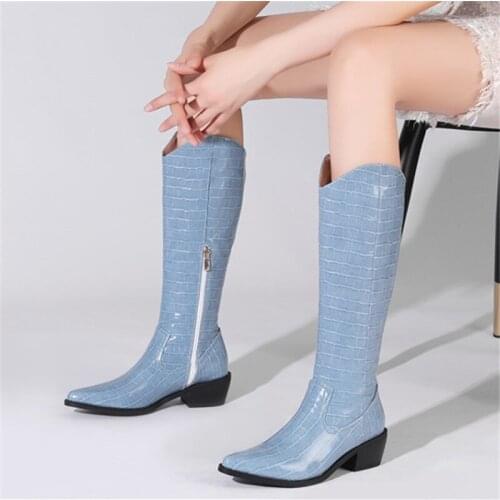 PXELENA Plus Size 34-43 Winter 2021 Western Cowboy Mid Calf Boots Women Chunky Heels Zip Work Shoes Lady Blue Brown Black White