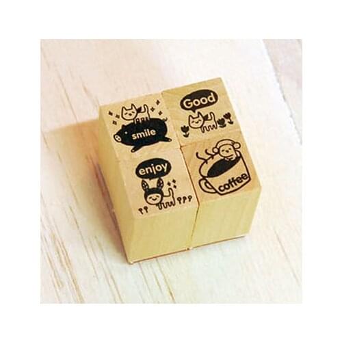 4pcs/set Cute Cat Cartoon DIY Wooden Rubber Stamps for Scrapbooking Handmade Card Diy Stamp Photo Album Creative Gift