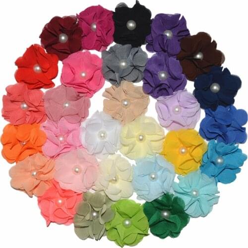 50pcs/lot 2.4 inch Mini shabby Chiffon Flower with Pearl Bead High Quality Headwear Accessories Summer Color
