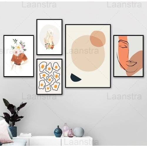 Abstract Painting Human Face White Drawing Orange Egg Home Decoration Flowers and Woman Living Room Canvas Painting Wall Poster