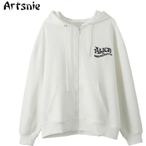 Artsnie Disney Alice Cartoon Sweatshirt Women Winter Hooded Pockets Drop Shoulder Hoodies Streetwear Zip Up White Sweatshirts