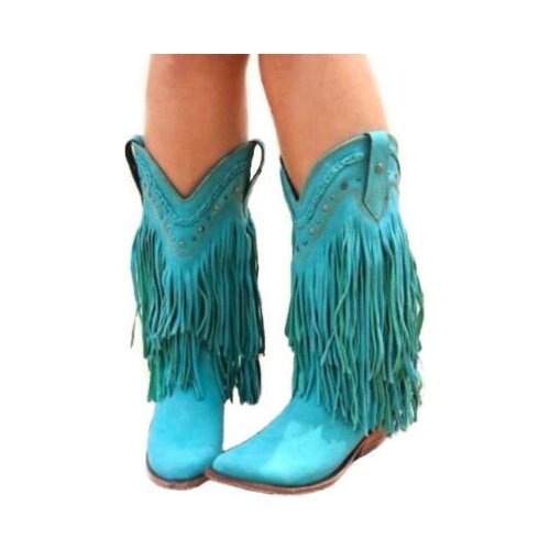 Bohemia Style Gladiator Women Mid-calf Low Heel Motorcycle Boots Fringed Cowboy Boots Shoes Spring Autumn Women Tassel Boots