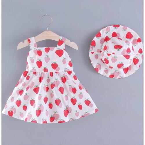 Sweet Girls Summer Dress Toddler Baby Girls Sleeveless Strawberry Printed Princess Suspender Dress+hat Beachwear Sundress Kids
