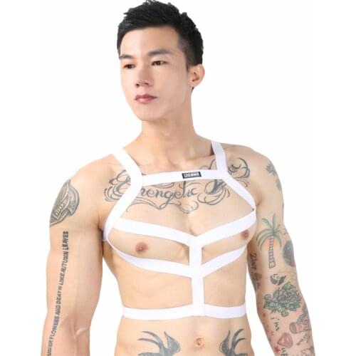 Mens Lingerie Body Chest Night Performance Costume Harness Bondage Costume Halter Neck Elastic Hollow Out Wide Straps