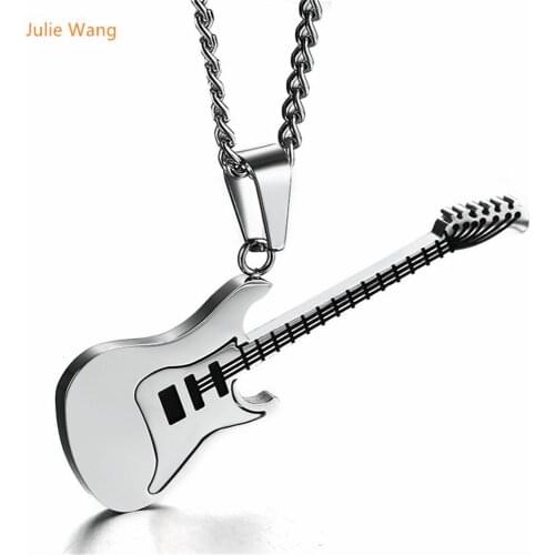 Julie Wang Trendy Guitar Necklace Men Pendants Stainless Steel Punk Rock Music Fashion Men Boy Jewelry Gifts 3 Colors