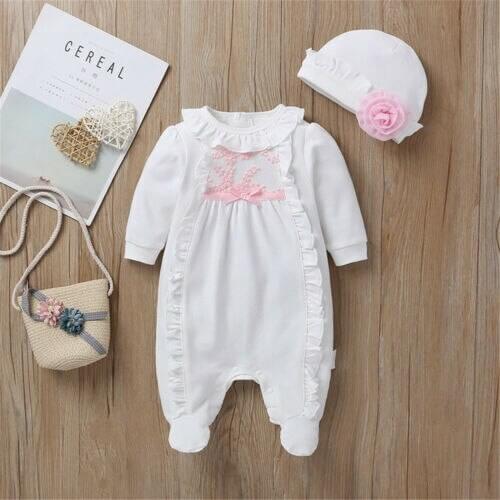 Pudcoco Newborn Baby Girl Clothes Long Sleeve 3D Print Ruffled Romper Footwear Flower Hat 2Pcs Outfits Clothing Suit 0-8M