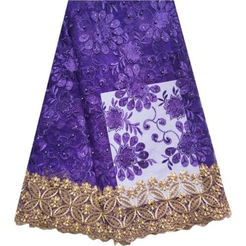 Hot Sale Purple Embroidery TulLe Lace Fabric 5Yards Flower Pattern Beaded African Lace Fabrics Wholesale For Wedding Party 1338