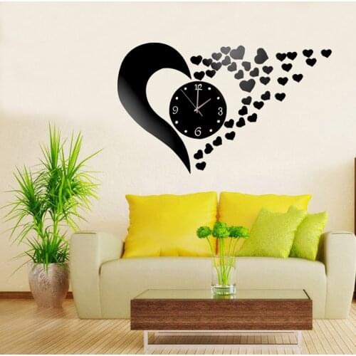 Love Heart Shaped Acrylic DIY Analog 3D Mirror Surface Wall Clock Sticker Battery Operated Quartz Clock Home Living Room Decor