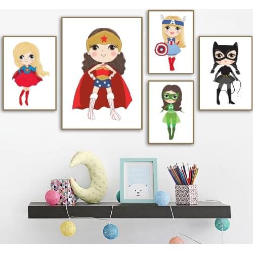 Cute Superhero Girls Posters and Prints Classic Cartoon Superhero Character Wall Art Canvas Painting Pictures Girls Room Decor