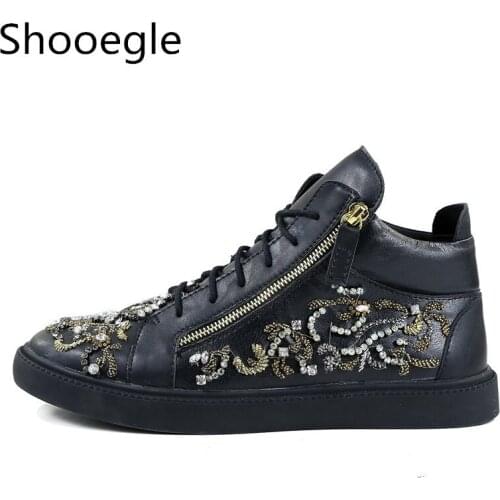 Fashion Men Crystal Stud Flats String Beading Embroidery Sneakers Lace up Men Runway Chaussures Hommes