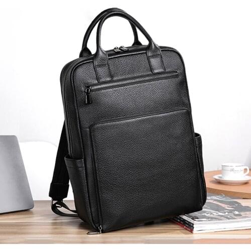 DIDE Large Capacity Backpack Mens Genuine Leather Hand/Shoulder Business Casual 16 Inches Laptop Travel Bag Black Cowhide