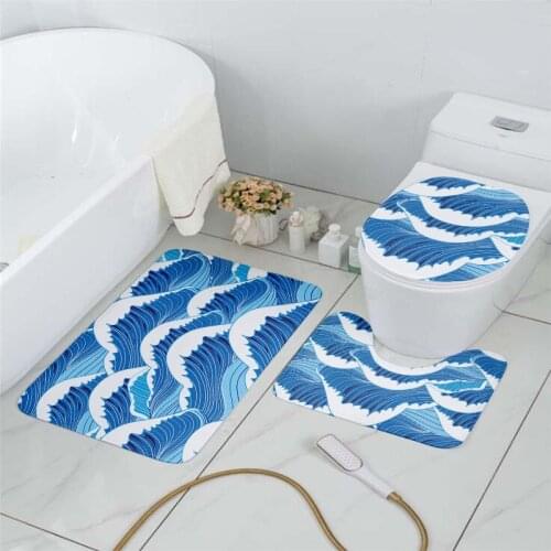 Japanese Style Wave Toilet Seat Cover Set 3 Piece Set Bathroom Flannel Floor Mat Shower Room Entrance Doormat Non-Slip Absorbent