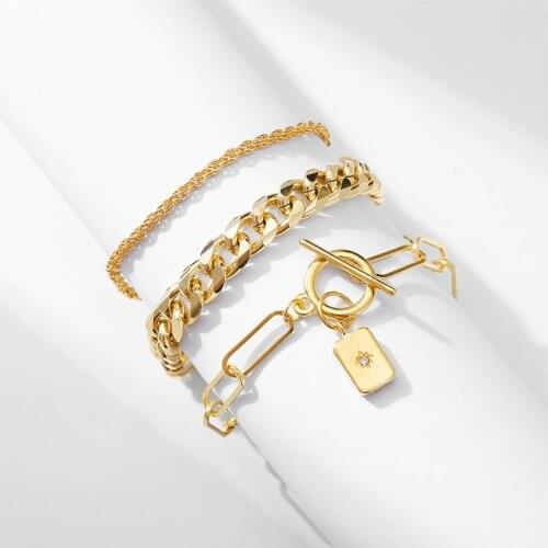 Punk Gold Multilayer Lock Crystal Chain Bracelets Set Retro Geometric Snake Pendant Charm Bracelet 2021 Trend Jewelry